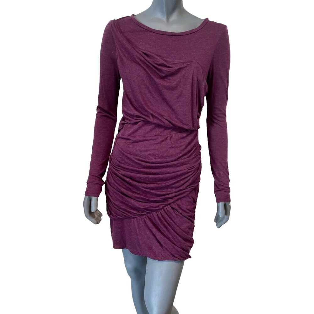 Heather Womens Dress Sheath Ruched Bubble Hem Purple Long Sleeve Draped Mini M